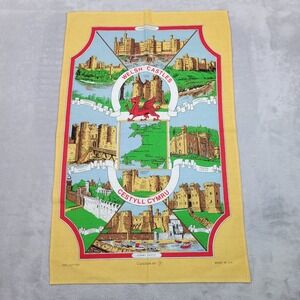 Welsh Castles Tea Towel Vintage Cotton Bandana Handkerchief Simlett UK Map 1981